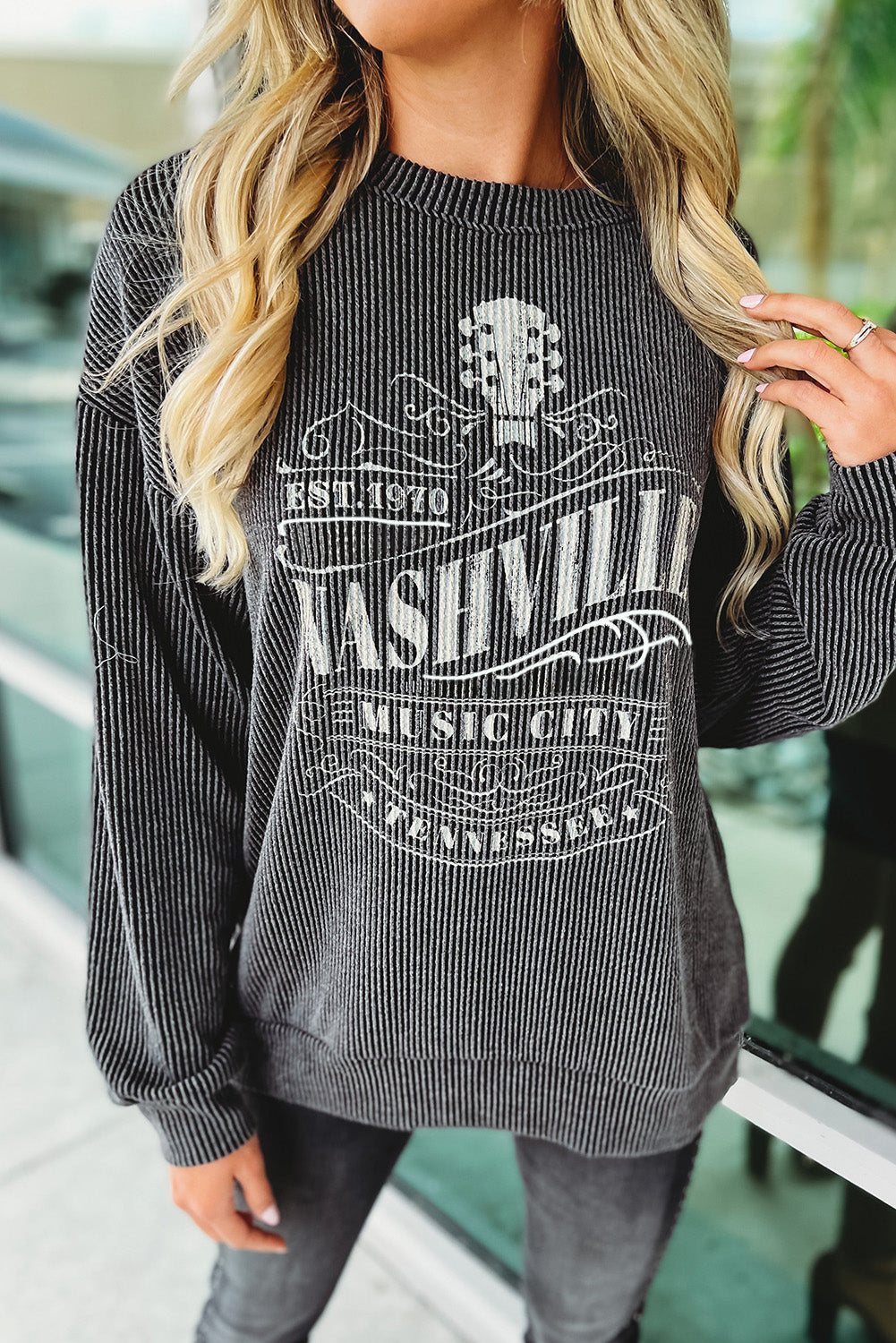 Ribbed Round Neck Long Sleeve Graphic Sweatshirt - Kristi Pierce Designs