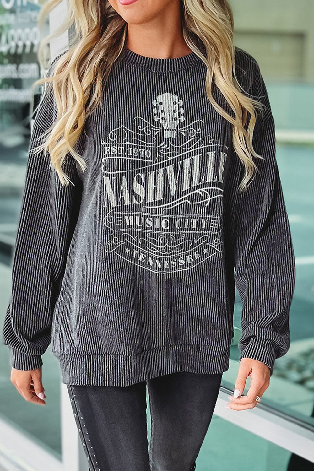 Ribbed Round Neck Long Sleeve Graphic Sweatshirt - Kristi Pierce Designs