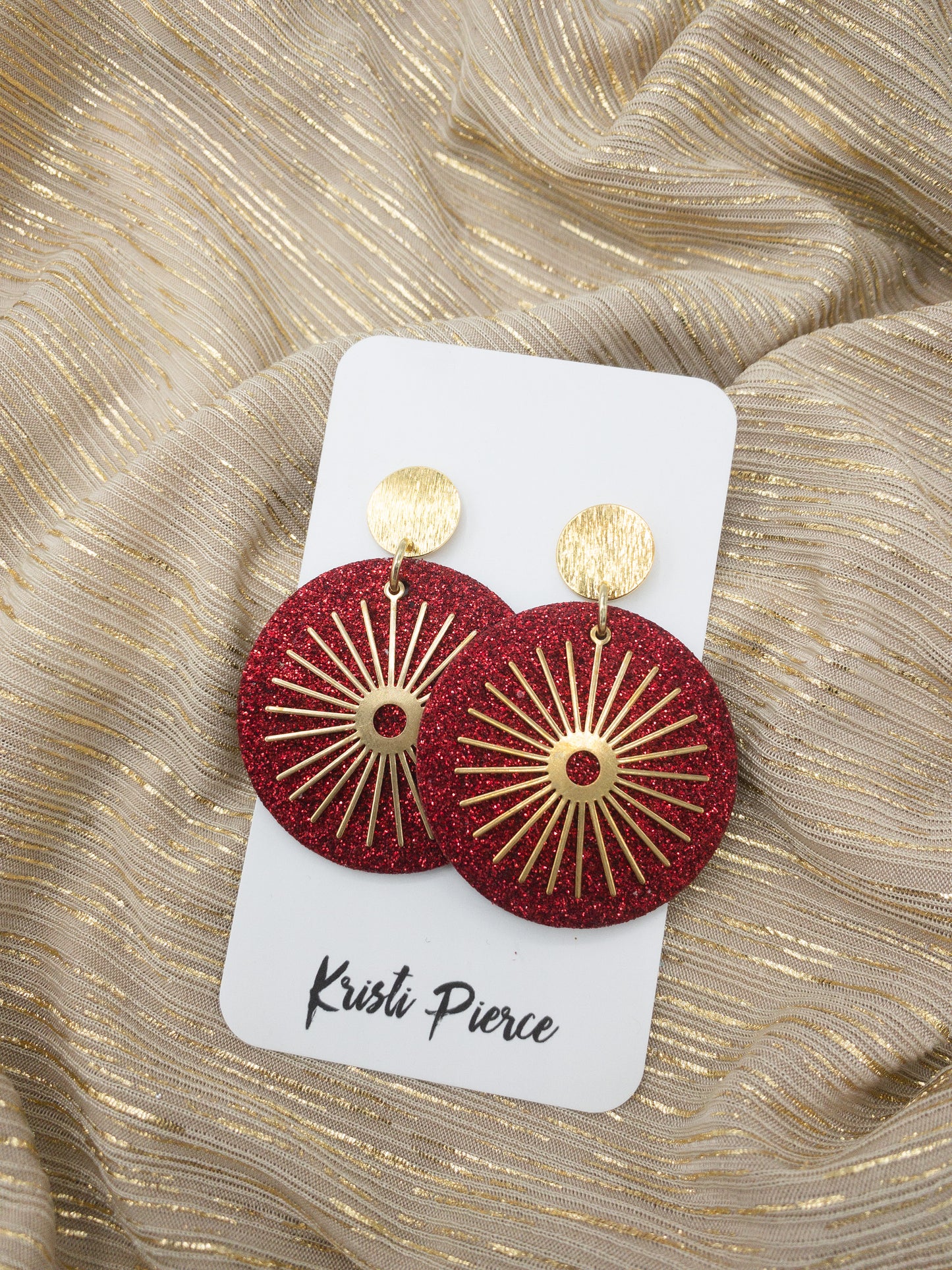 Red Leather Discs with Gold Brass Sunburst Holiday Post Earrings - Kristi Pierce Designs