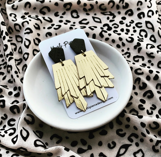 Metallic Gold Faux Leather Fringe with Black Clay Post Earrings - Kristi Pierce Designs