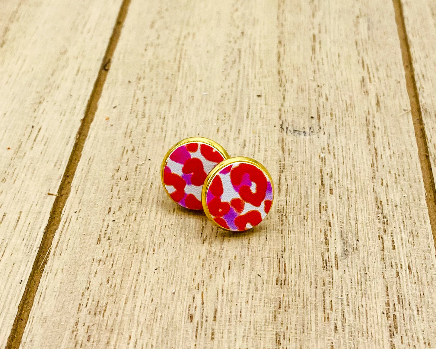 Red and Pink Leopard Print Faux Leather Stud Earrings - Kristi Pierce Designs