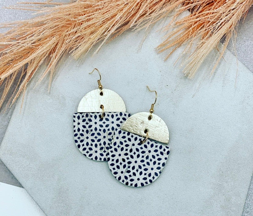 Black and White Floral Geo Print Cork and Gold Faux Leather Oval Earrings - Kristi Pierce Designs