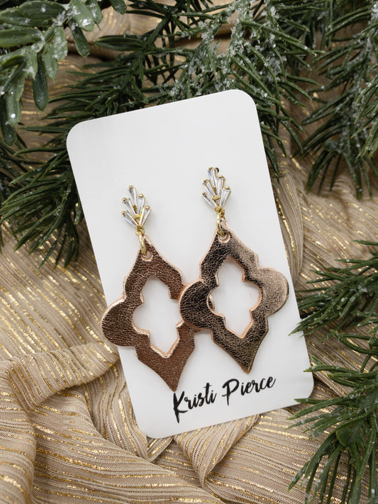 Rose Gold Metallic Leather with Crystal Burst-shaped Post Earrings - Kristi Pierce Designs