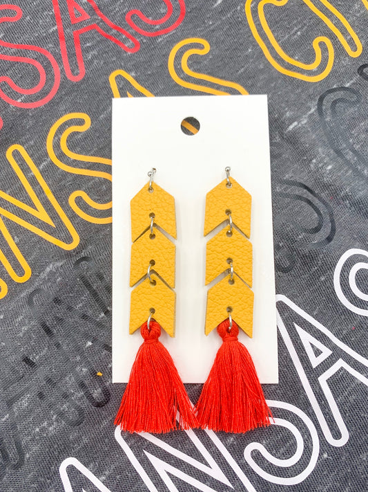 Kansas City Chiefs Yellow Chevron-shaped Trio Dangle Earrings with Red Tassels - Kristi Pierce Designs