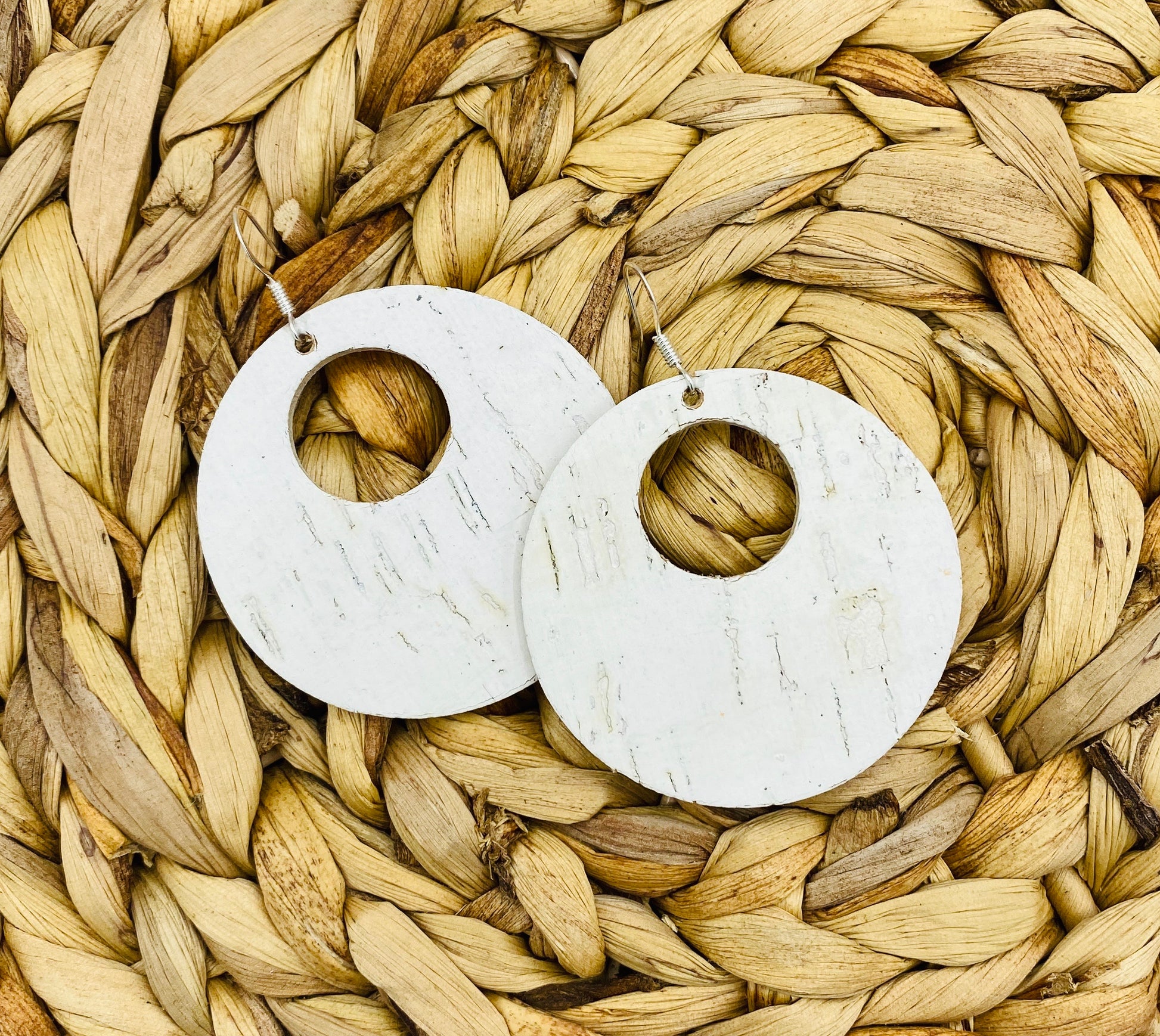 White Birch Cork on Authentic Leather Disc Shaped Earrings - Kristi Pierce Designs