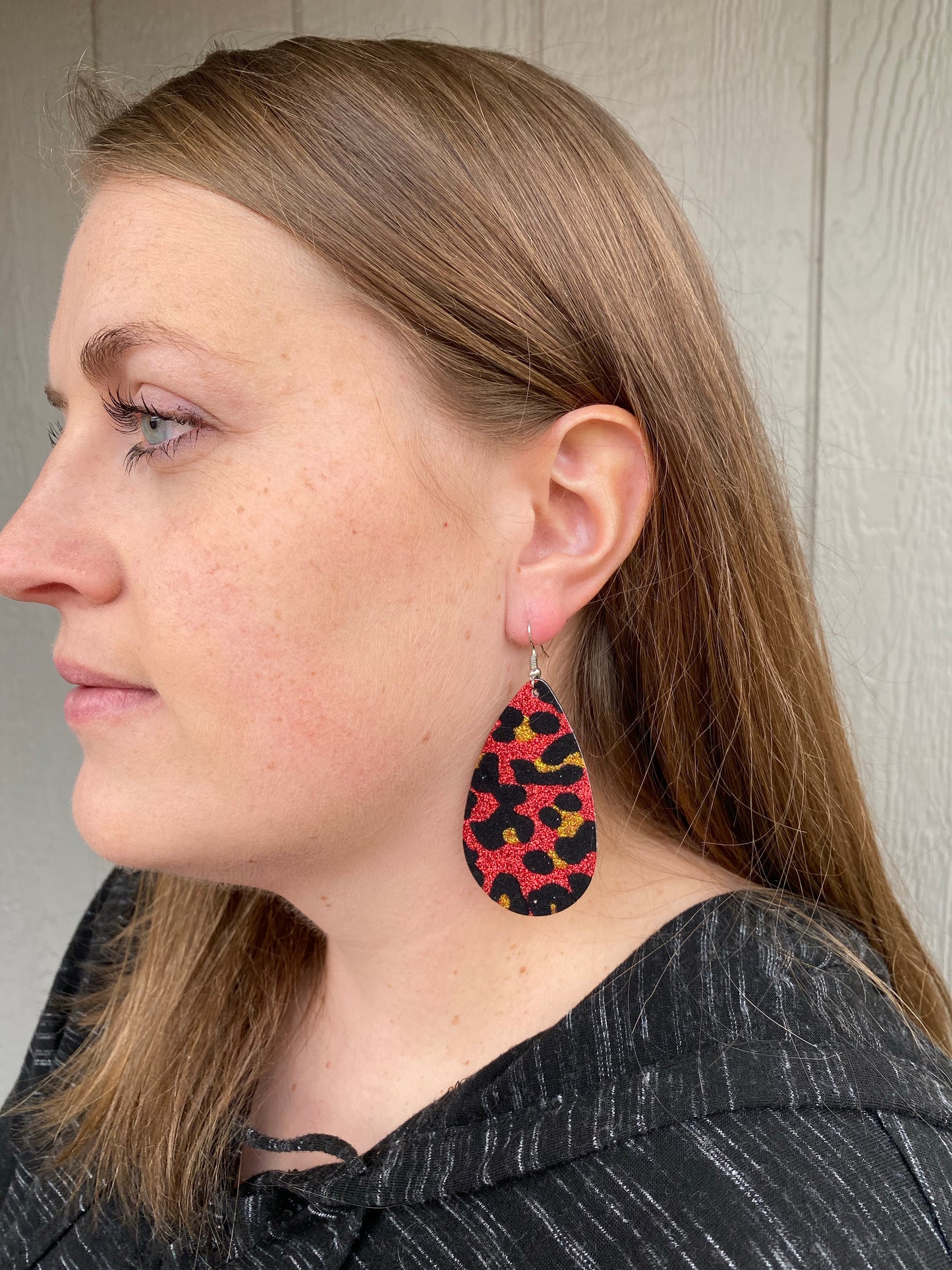 Red, Black, & Gold Cheetah Print Glitter Teardrop Dangle Earrings, Small - Kristi Pierce Designs