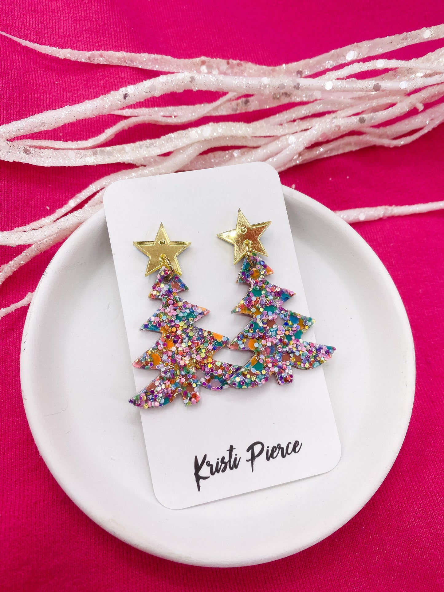 Pink & Gold Confetti Christmas Tree Post Earrings - Kristi Pierce Designs