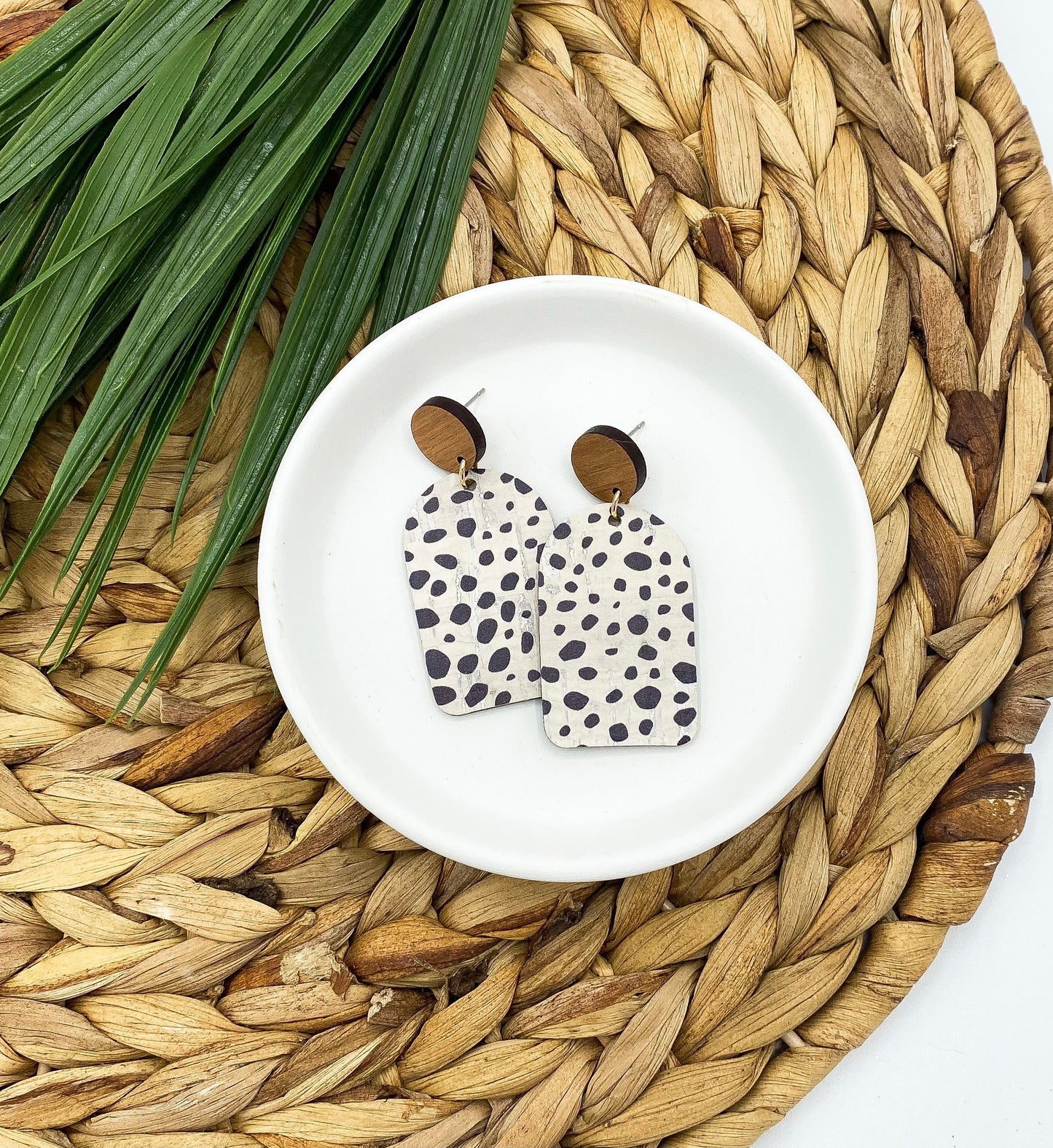 Dalmatian Dot Print Cork Leather Arch on Cherry Wood Post Earrings - Kristi Pierce Designs