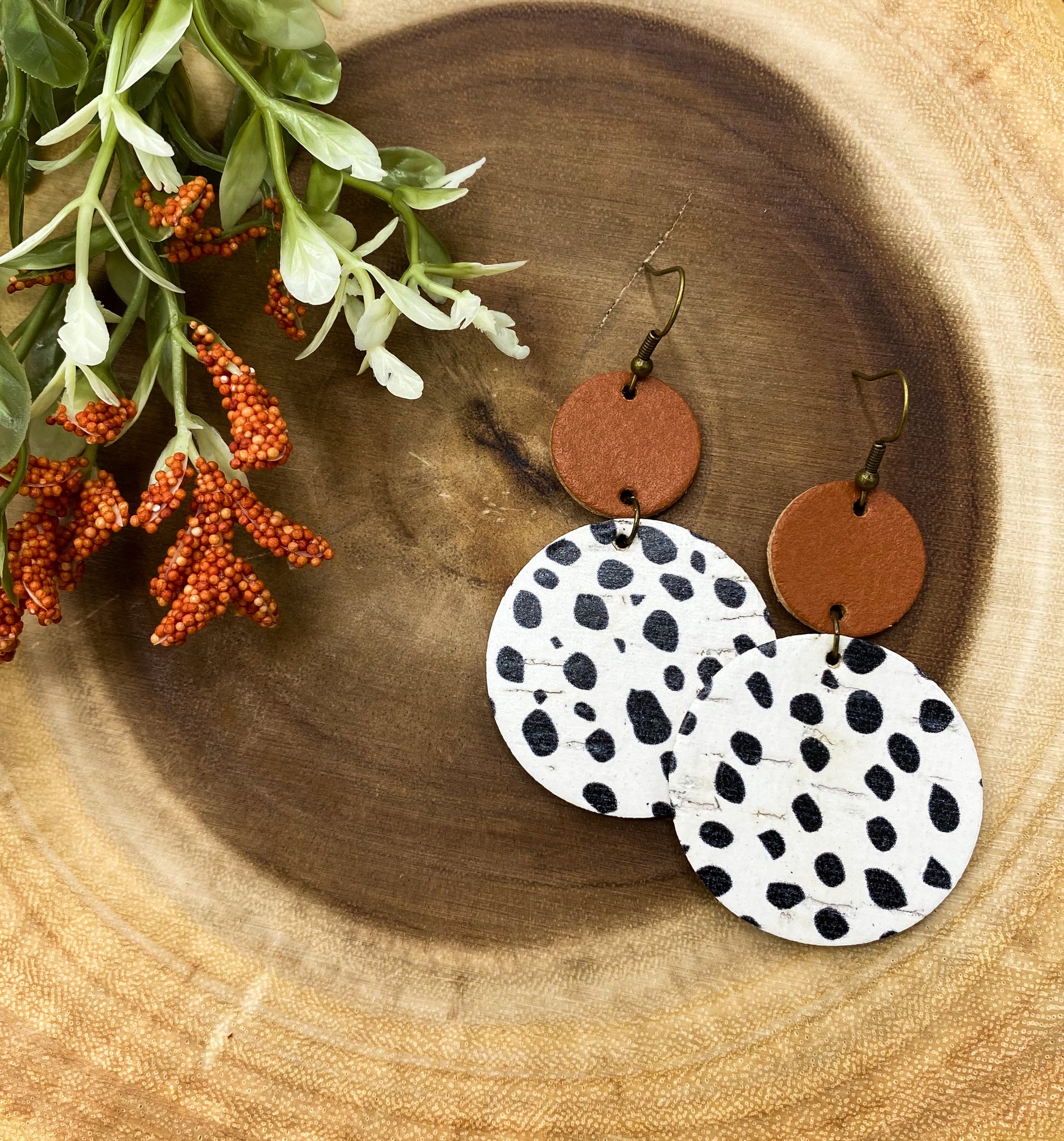 Dalmation Dot & Cognac Brown Disc Leather Earrings