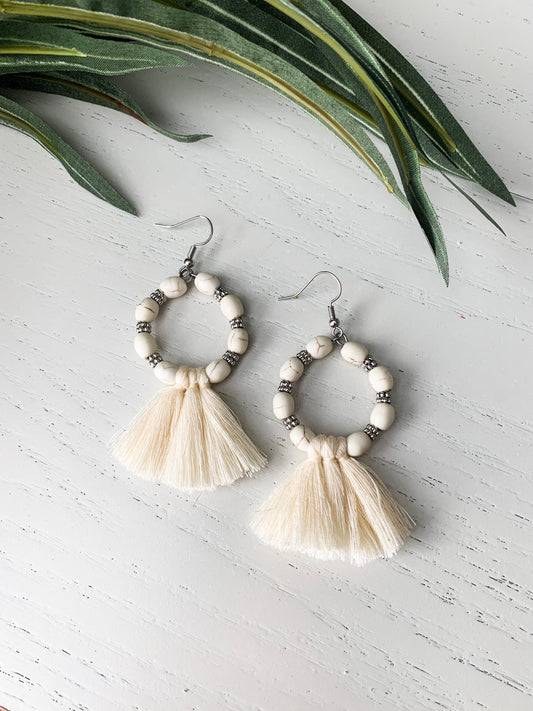 Ivory and Silver Beaded Hoop Earrings with Cream Tassels - Kristi Pierce Designs