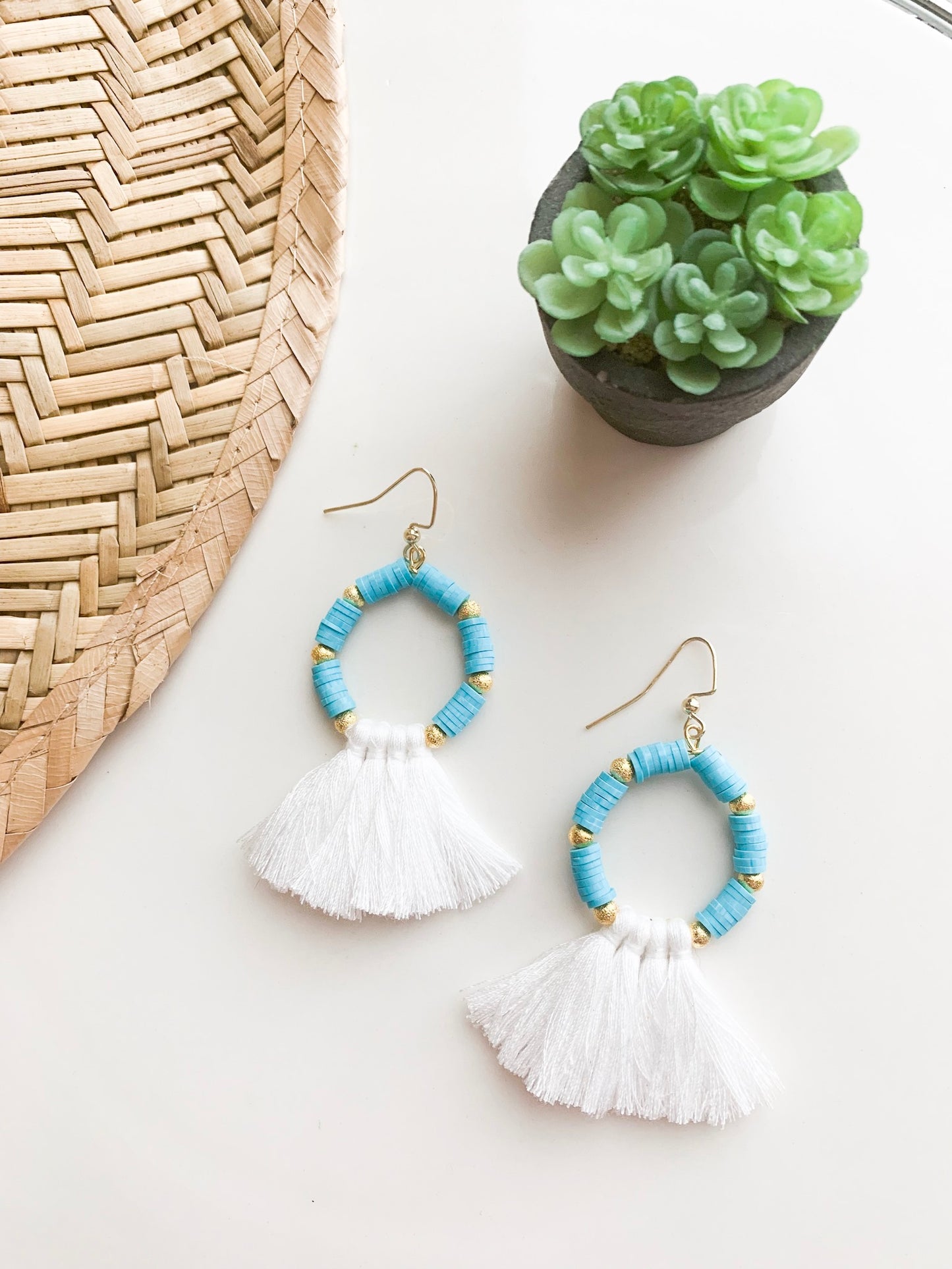 Turquoise Heishi & Gold Beaded Hoop Earrings with White Tassels - Kristi Pierce Designs