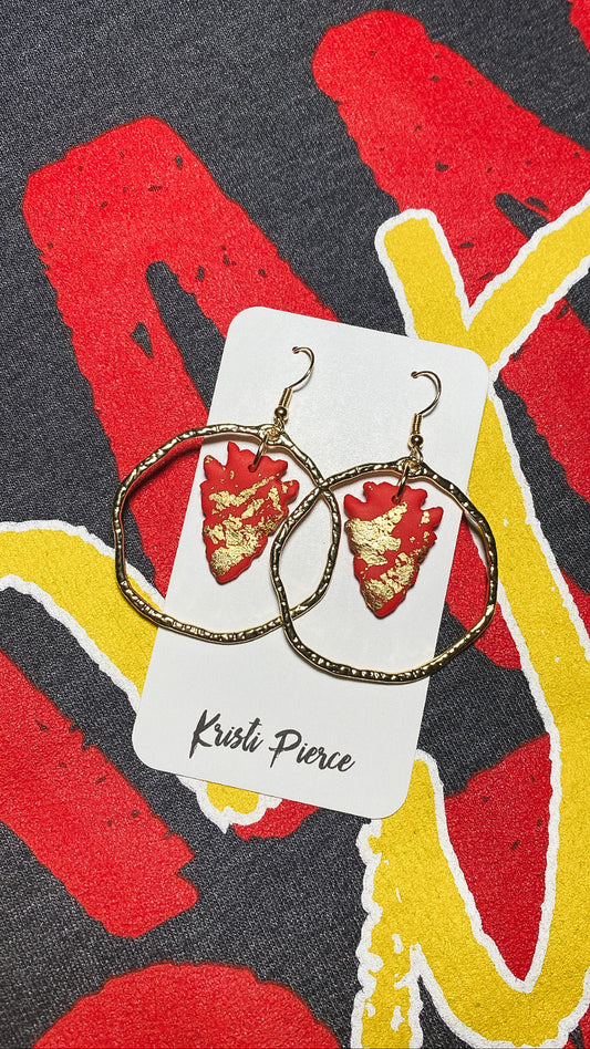 KC Hoop Earrings with Red & Gold Polymer Clay Arrowhead Dangle - Kristi Pierce Designs