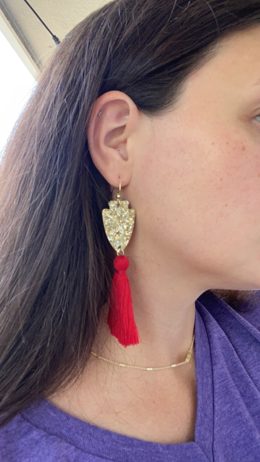 Gold Glitter Arrowhead Dangle Earrings with Long Red Tassels - Kristi Pierce Designs