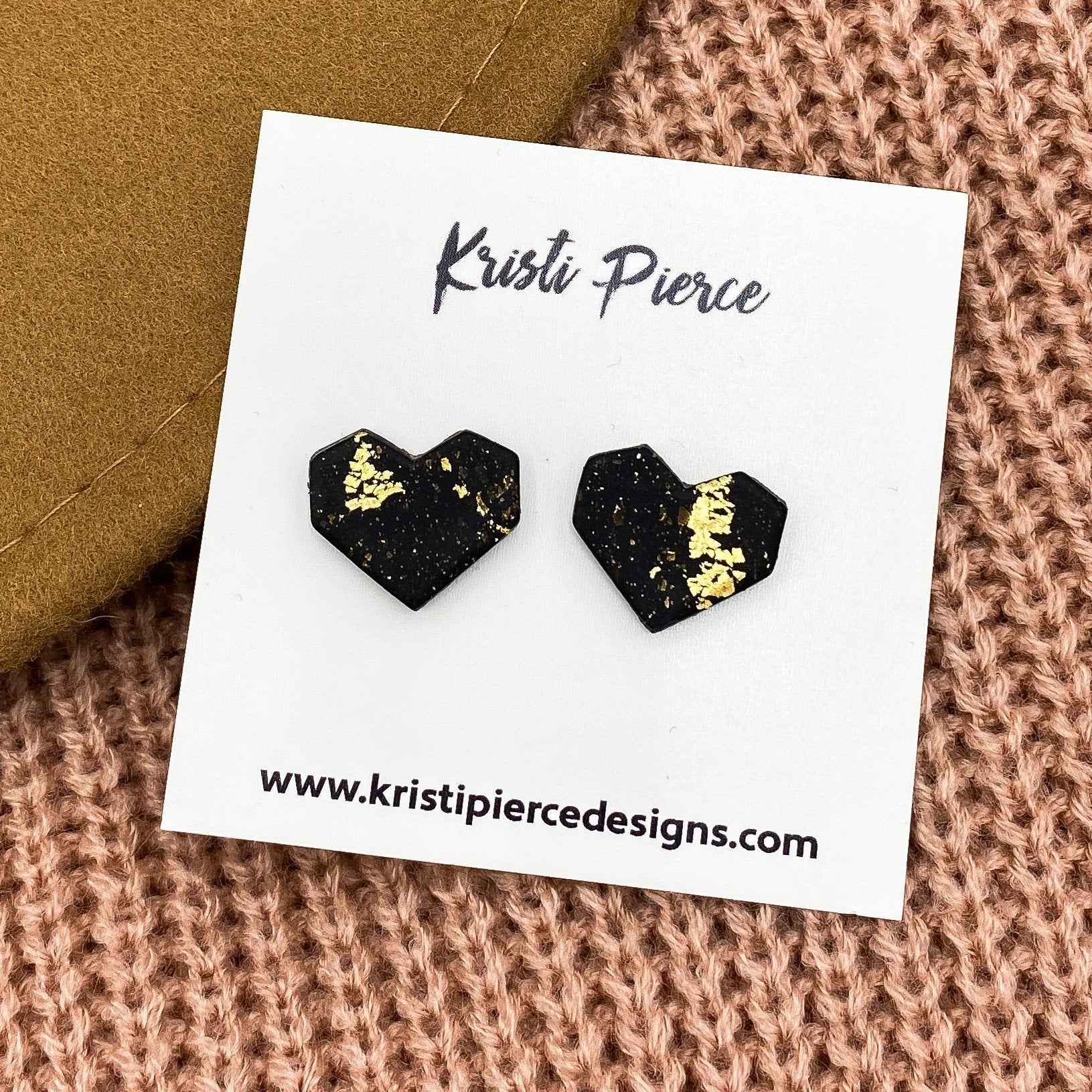 Black Clay and Gold Flake Geometric Heart Stud Earrings - Kristi Pierce Designs