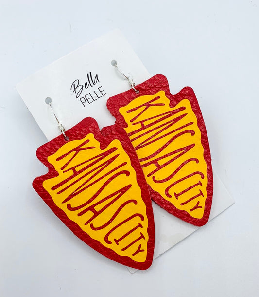 Kansas City Chiefs Red Faux Leather Arrowhead Earrings with Yellow Vinyl - Kristi Pierce Designs