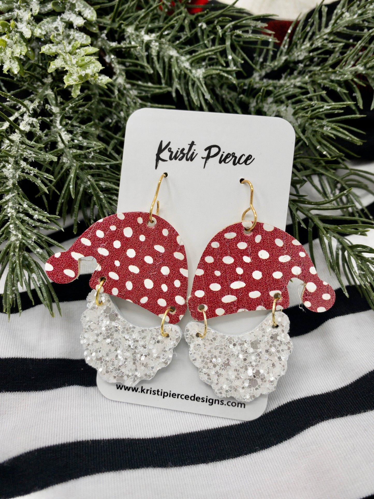 Red & White Cork Leather Hat with White Glitter Beard Santa Earrings - Kristi Pierce Designs