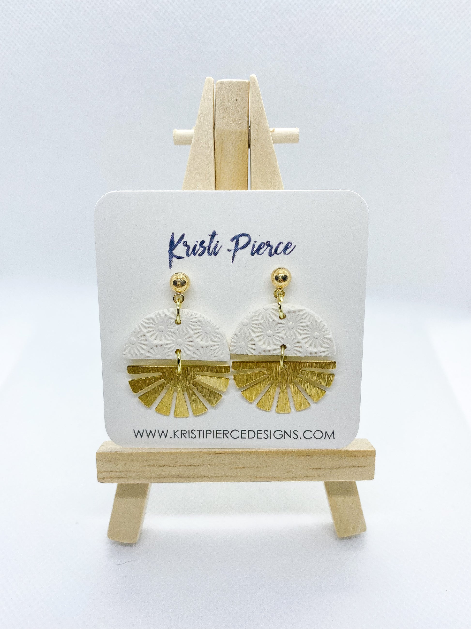 White Polymer Clay with Gold Fan-shaped Dangle on Gold Ball Post Earrings - Kristi Pierce Designs