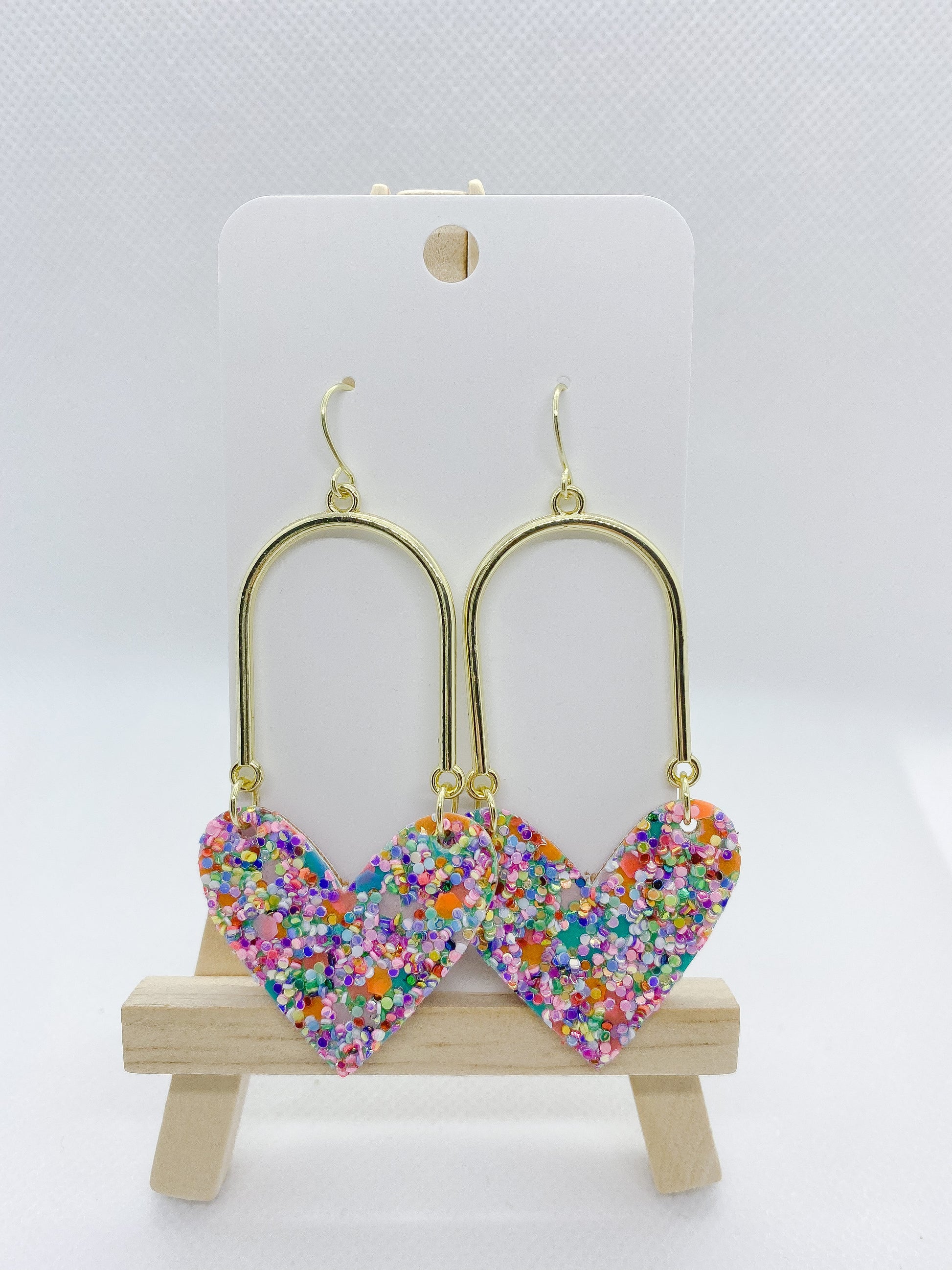 Gold Arch & Multi-color Confetti Glitter Heart Swing Earrings - Kristi Pierce Designs