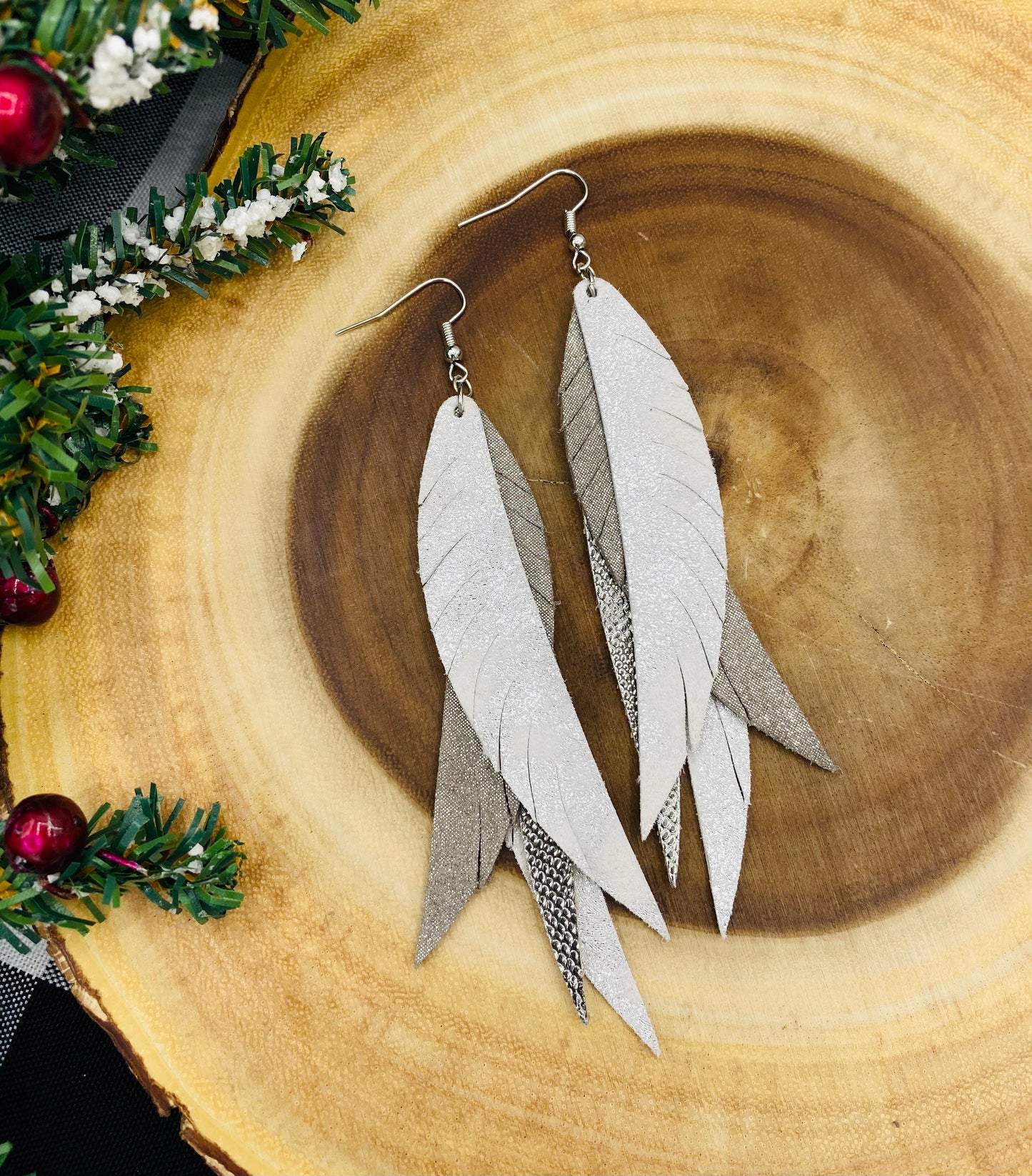 Multi-layer Metallic Feather Authentic Leather Earrings - Kristi Pierce Designs