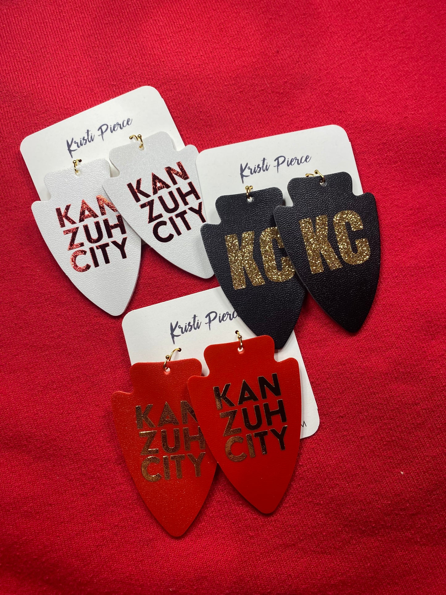 Kan Zuh City Red Faux Leather Arrowhead Earrings with Metallic Gold Vinyl - Kristi Pierce Designs