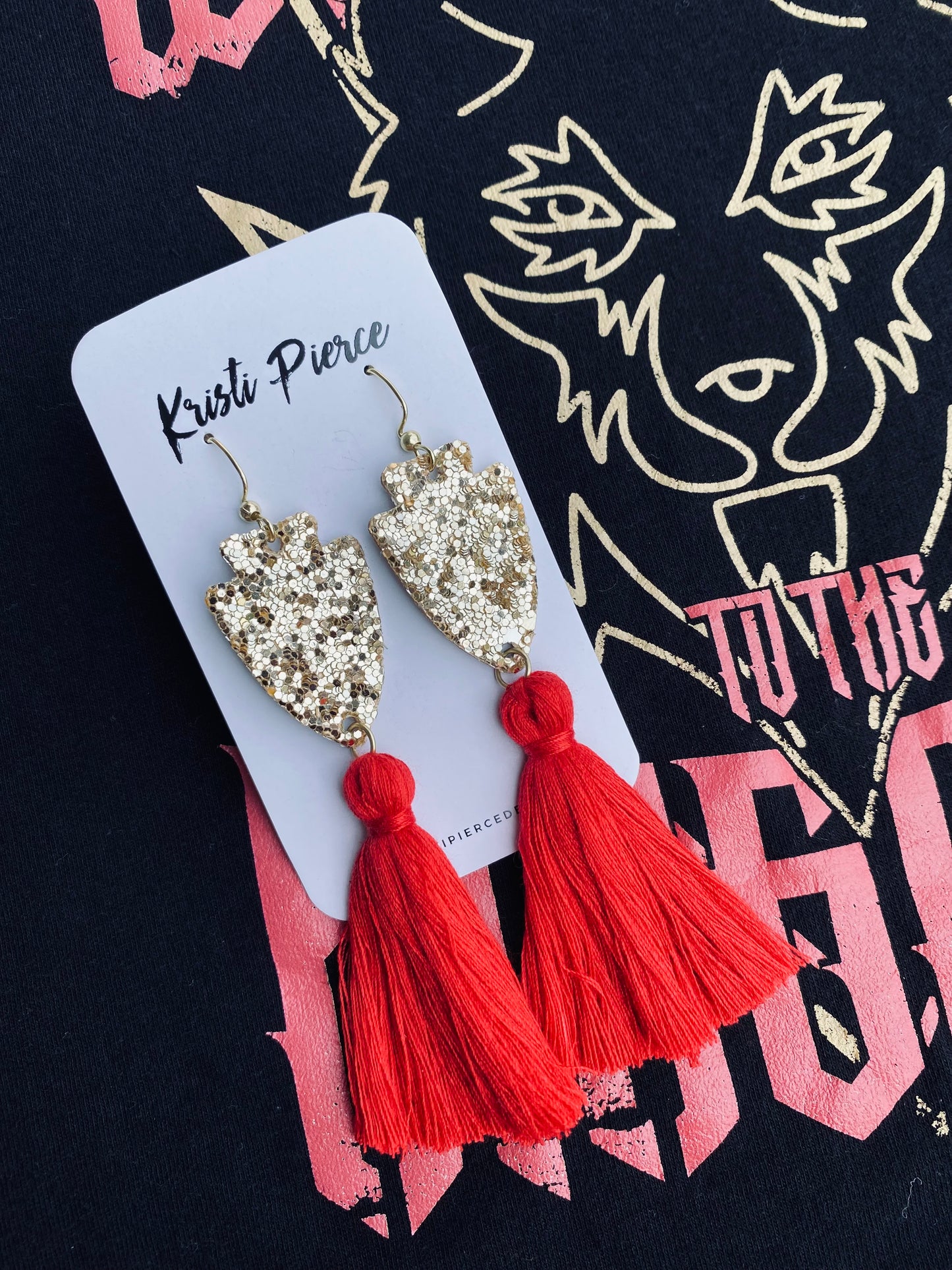 Gold Glitter Arrowhead Dangle Earrings with Long Red Tassels - Kristi Pierce Designs