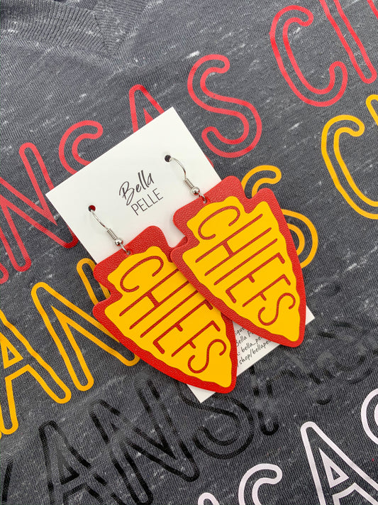 Red Faux-Leather Earrings with Yellow Vinyl "CHIEFS" Cutout Word, Small - Kristi Pierce Designs