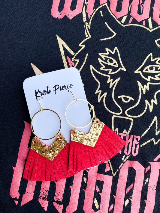 KC-Style Dainty Gold Circle with Gold Glitter Chevron & Genuine Leather Fringe Earrings - Kristi Pierce Designs