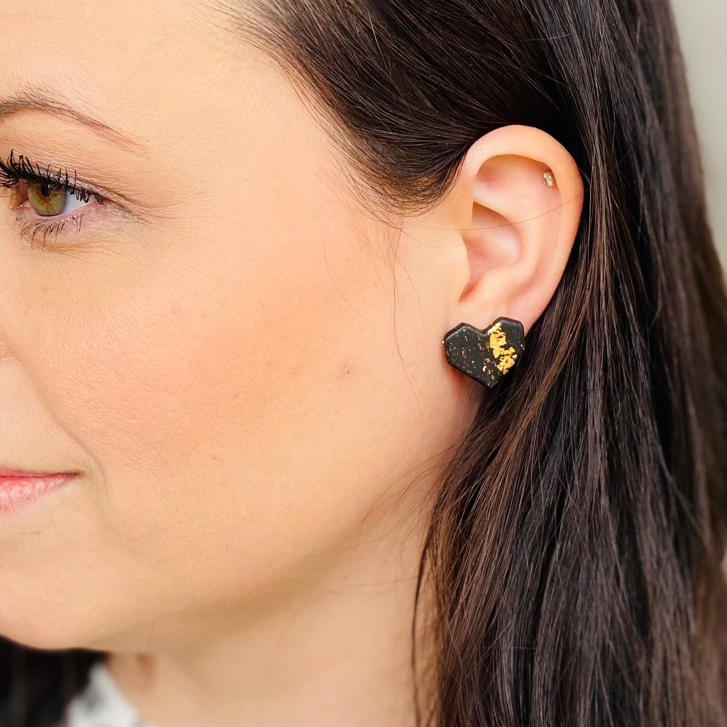 Black Clay and Gold Flake Geometric Heart Stud Earrings - Kristi Pierce Designs