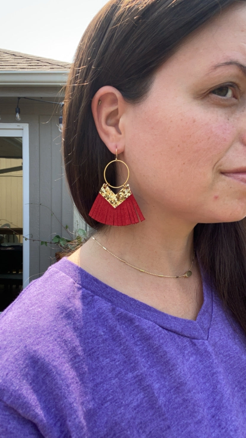 KC-Style Dainty Gold Circle with Gold Glitter Chevron & Genuine Leather Fringe Earrings - Kristi Pierce Designs