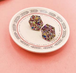 WS Hexagon Stud Earrings in Rolex Glitter